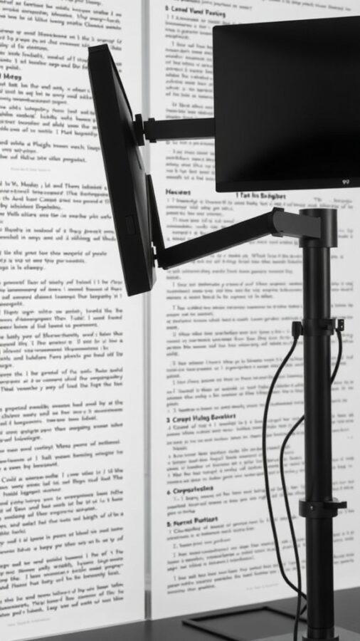 Adjustable Monitor Stands for Dual Setup Adjustable monitor stands supporting two monitors in a home office