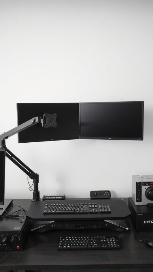 Accessories for Dual Monitor Setup Dual monitor setup with adjustable arms, keyboard tray, and organized cables