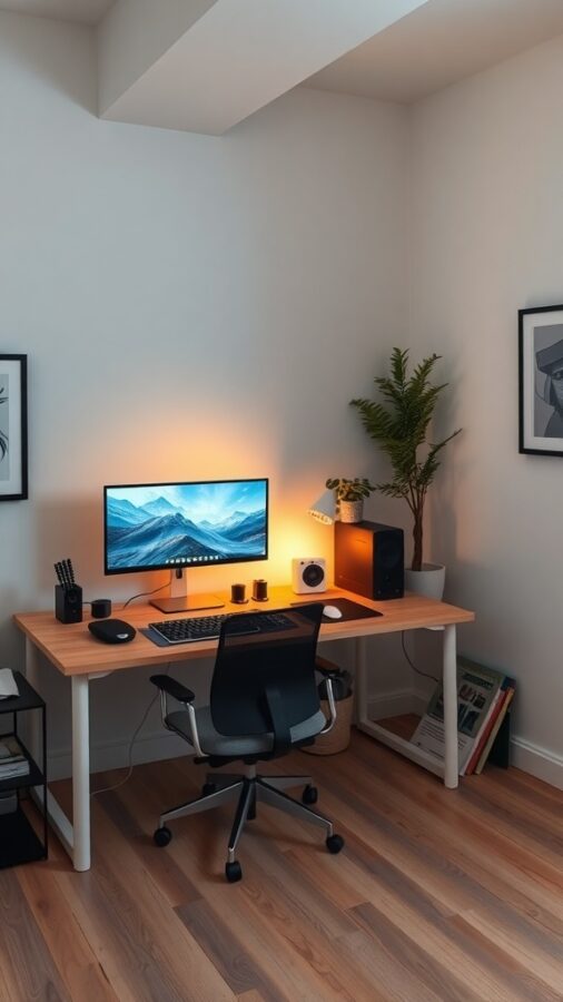 Multi-Functional Home Office Setup Home office with dual monitors, ergonomic chair, stylish desk, warm lamp, and plant
