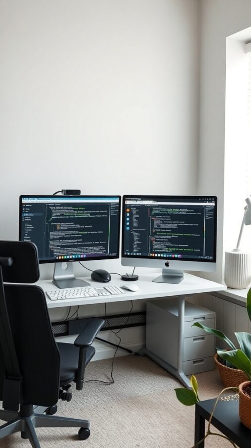 Benefits of Dual Monitor Setup Home office with dual monitors, ergonomic chair, and sleek desk