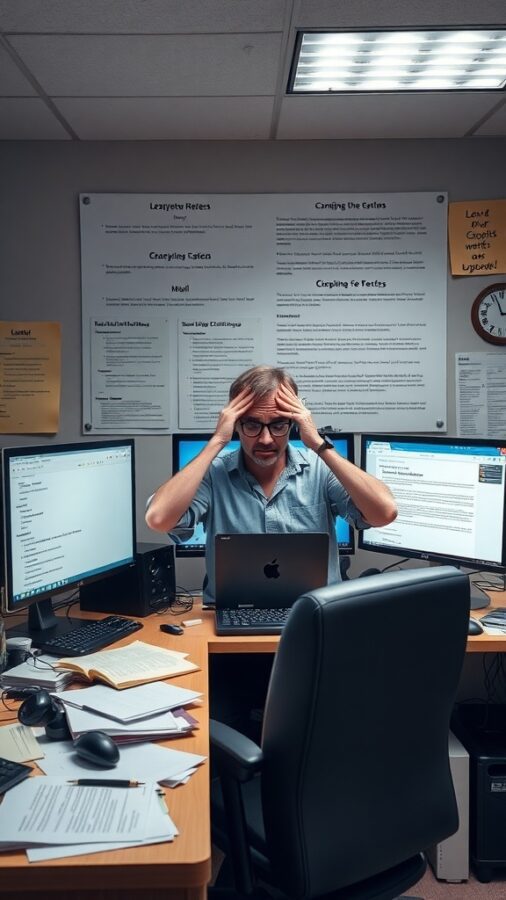 Challenges of Dual Monitor Workspaces Person overwhelmed by multiple monitors in a cluttered home office