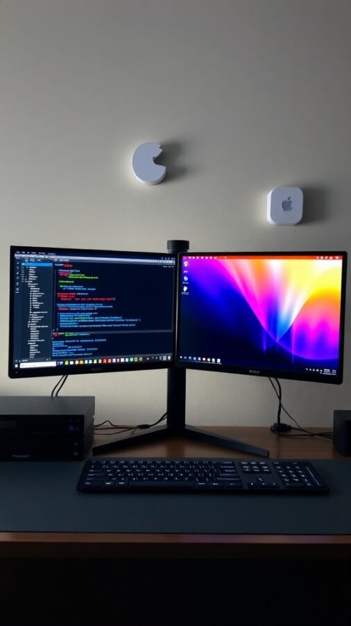 Software Tools for Dual Monitor Productivity Dual monitor setup with one screen showing code and the other a colorful desktop