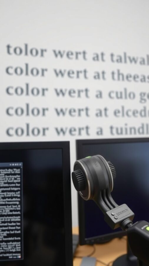 Color Calibration for Dual Monitors Color calibration device placed between two monitors displaying text