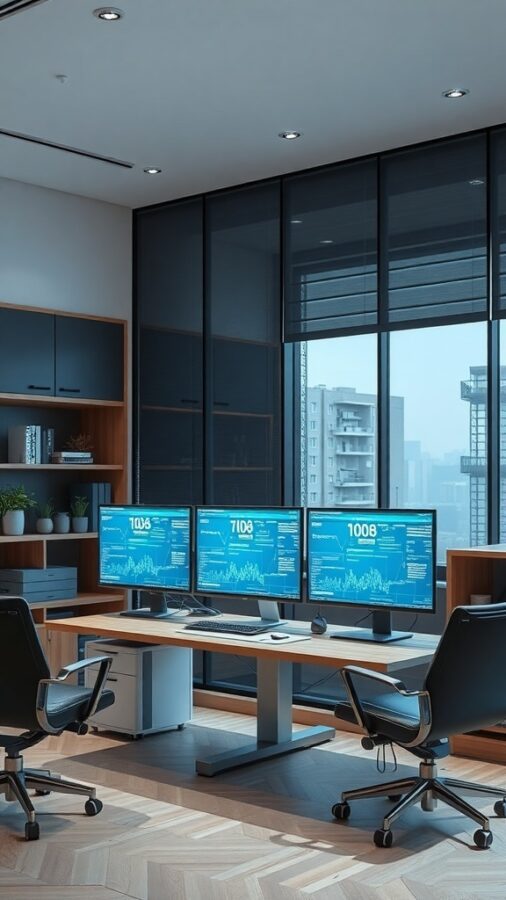 Future Trends in Dual Monitor Technology Modern home office with three monitors displaying data in an organized workspace