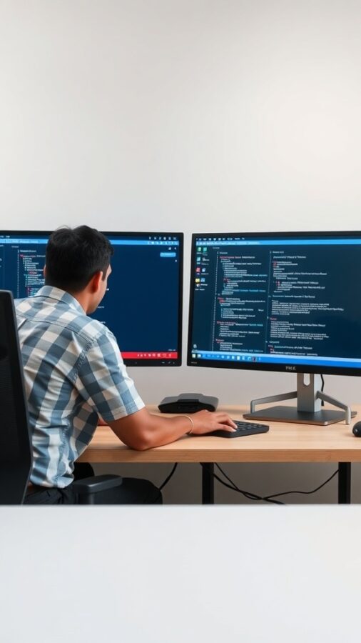 Optimizing Workflow with Dual Monitors Person working at dual monitors focusing on coding and communication tools