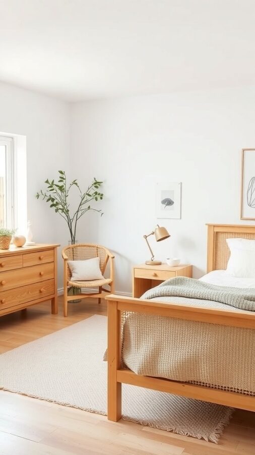 A serene Scandinavian bedroom featuring light wood furniture, a cozy bed, and a plant in the corner.