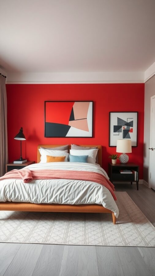 A contemporary chic bedroom featuring a red wall, modern bed, and stylish decor.