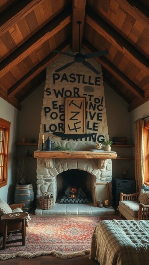 A cozy bedroom featuring a stone fireplace, wooden beams, and rustic decor.