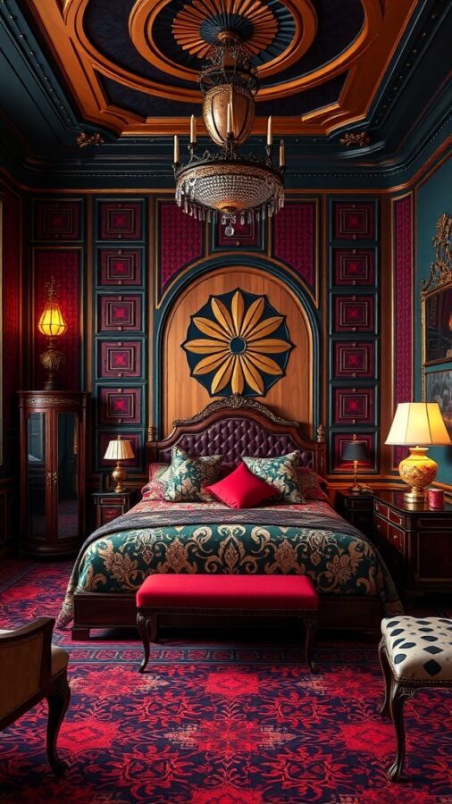 A luxurious Art Deco bedroom featuring rich colors, intricate patterns, and elegant furniture.
