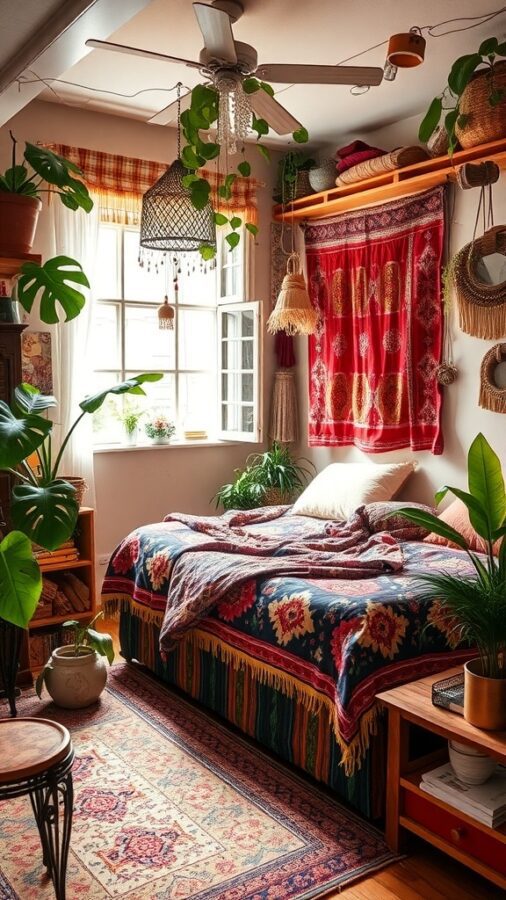 A cozy Bohemian-style bedroom with colorful textiles, plants, and warm lighting.
