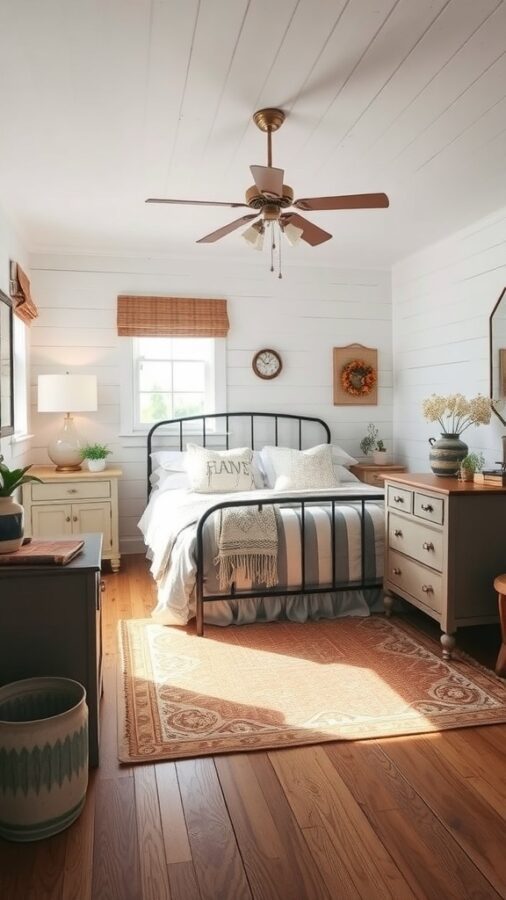 A cozy farmhouse bedroom featuring a black metal bed frame, warm wooden floors, and soft natural light.