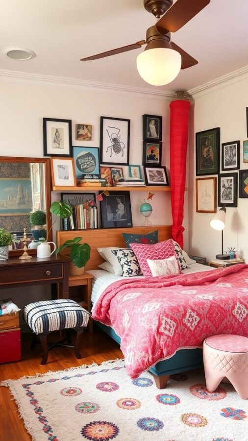 A cozy bedroom featuring an eclectic mix of colors, textures, and decor.