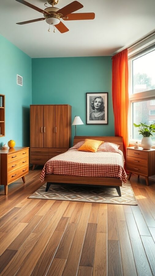 A Mid-Century Modern bedroom featuring teal walls, wooden furniture, and a checkered bedspread.
