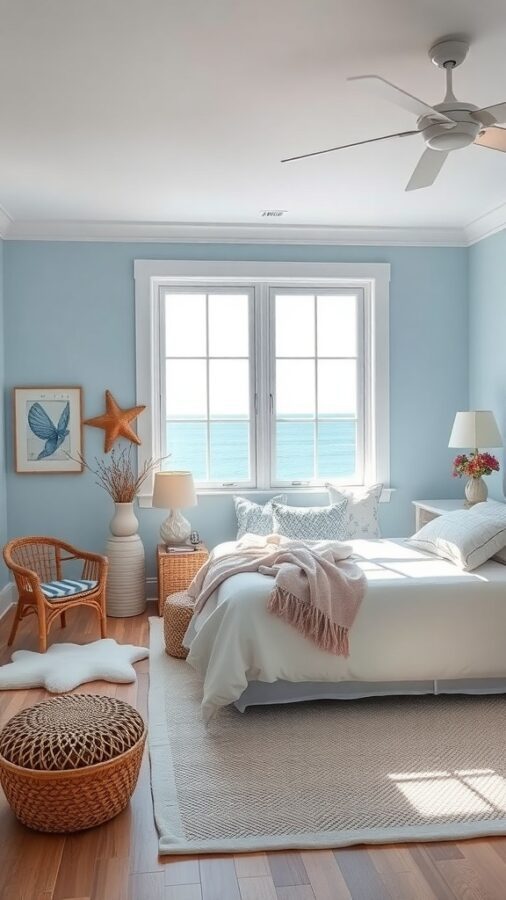 A serene coastal-themed bedroom with light blue walls, a cozy bed, and natural decor elements.