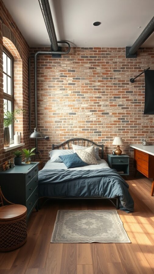 Cozy bedroom with exposed brick wall, simple bed, and industrial decor