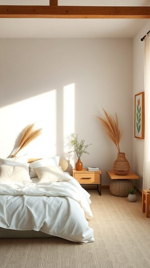 A serene bedroom with neutral colors, a cozy bed, and natural decor elements.