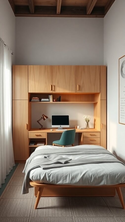 Warm-toned room with foldable desk and stylish chair.