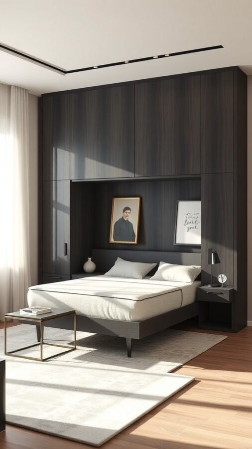 Minimalist room with Murphy bed and dark cabinetry.