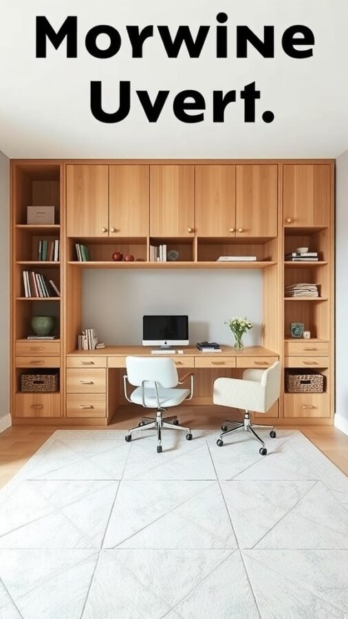 Office with wooden cabinetry and dual-use design.