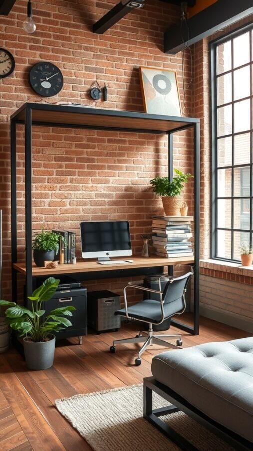 Industrial chic office with metal frame desk and brick wall.