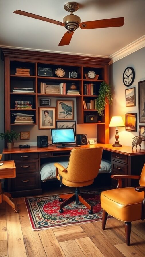Vintage office with retro furniture and yellow chair.