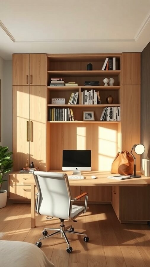 Modern office with wooden desk and shelves, designed for multi-functionality.