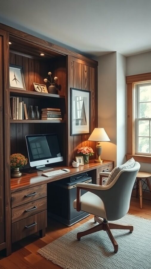 Cozy office with wooden accents and decorative items.