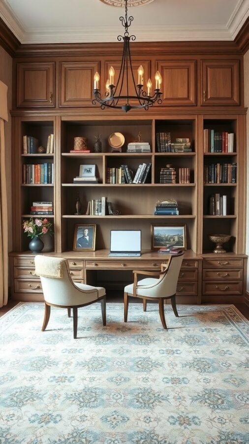 Traditional office with wooden cabinetry and chandelier.