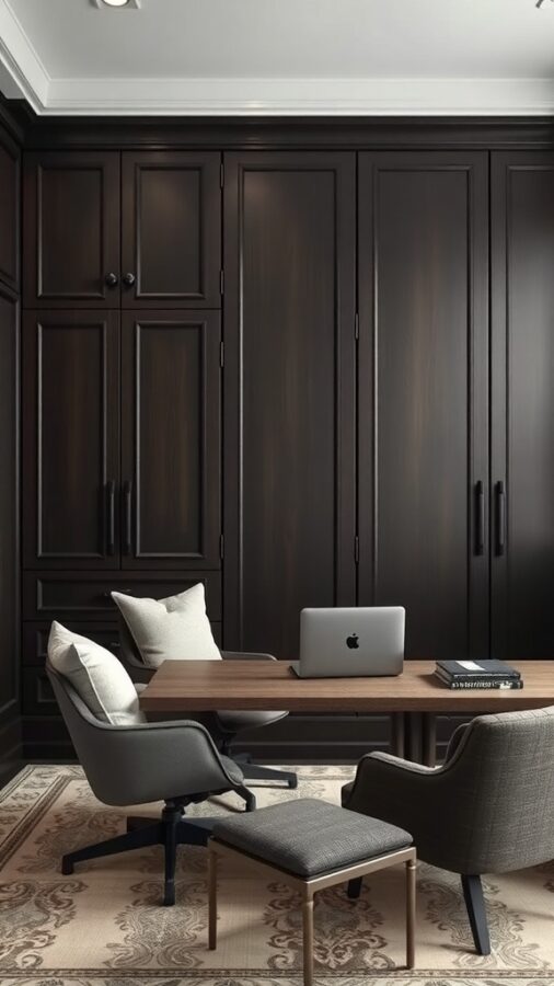 Sophisticated office with dark cabinetry and wooden table.