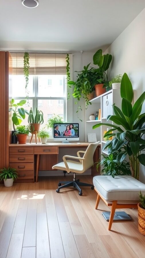Bright office guest bedroom with plants and desk.