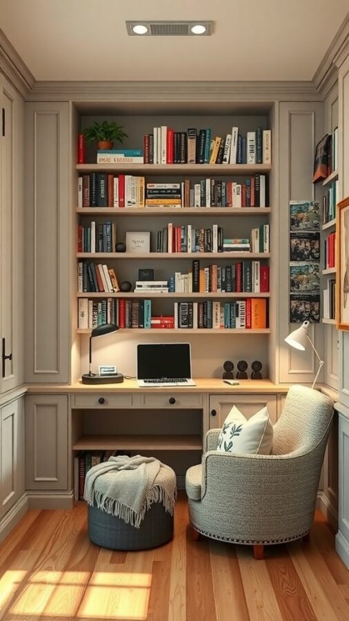 Cozy reading nook with chair, ottoman, bookshelves, and desk.