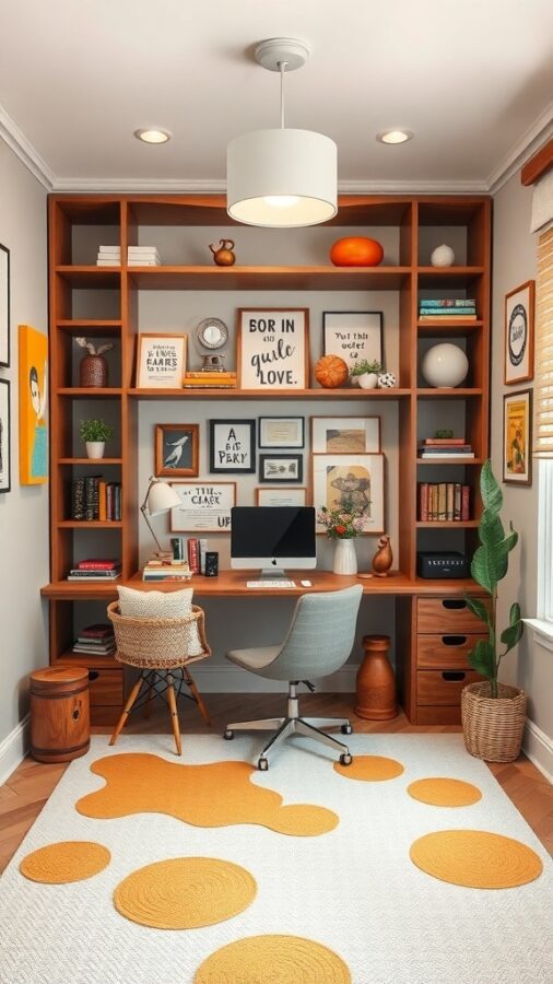 Whimsical office with colorful decor and playful rug.