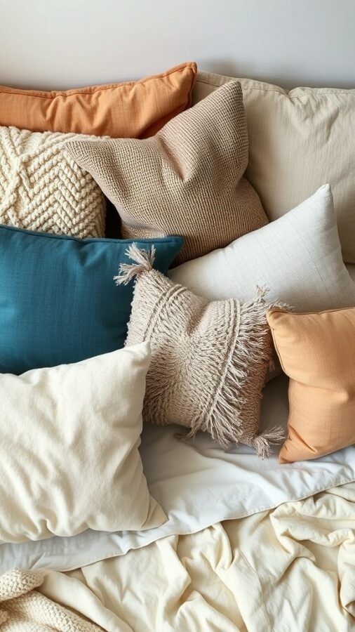 Assortment of textured throw pillows on bed