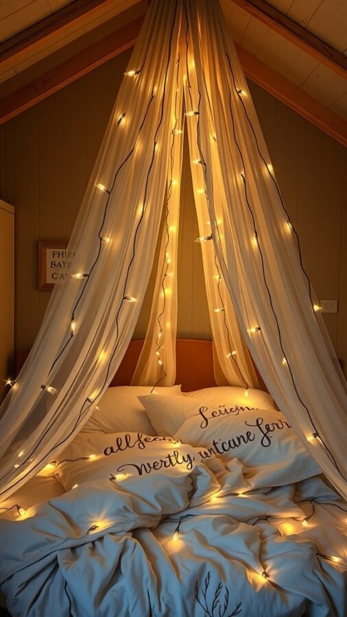 Bedroom with fairy light canopy over bed