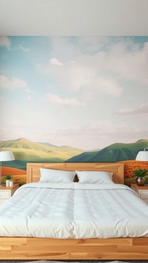 Bedroom with mural of green hills and blue sky