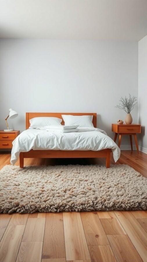 Bedroom with soft area rug under wooden bed