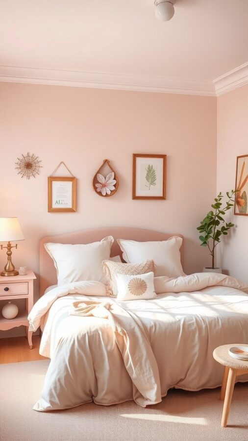 Bedroom with pastel pink walls and fluffy bedding