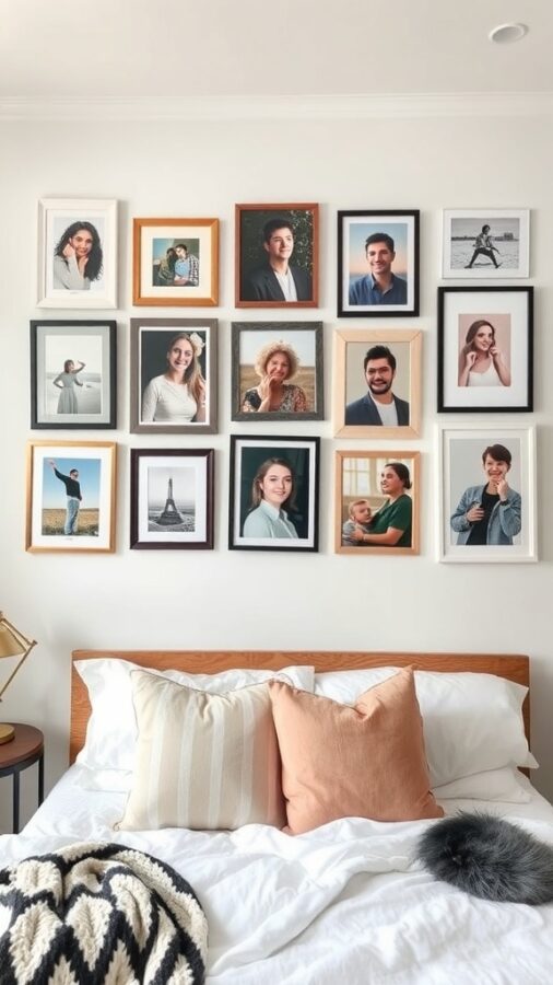 Gallery wall with framed personal photos above bed