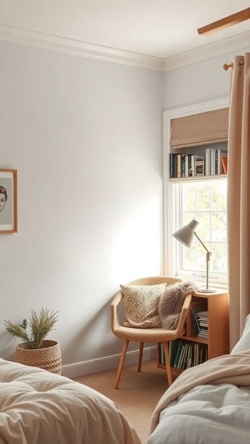 Reading nook with comfortable chair and bookshelf