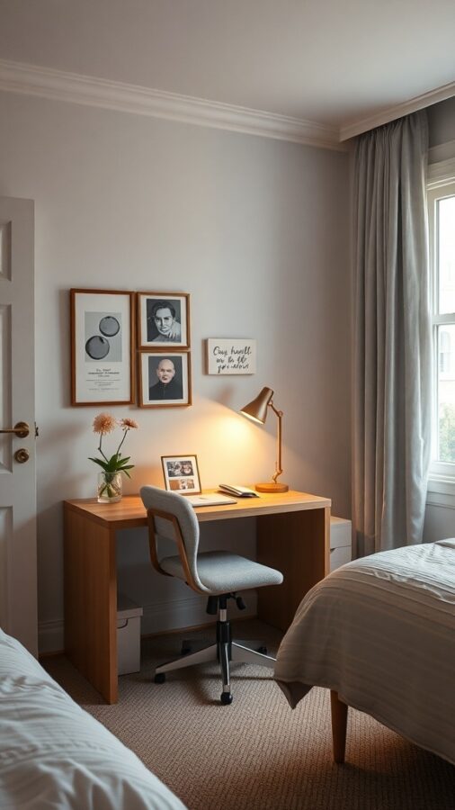 Bedroom workspace with wooden desk and chair