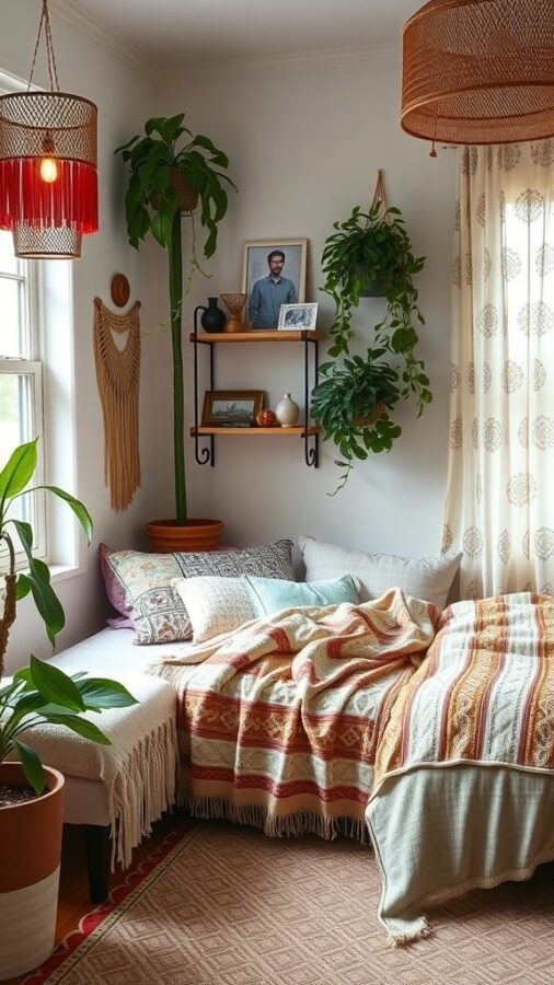 Bohemian chic bedroom with layered bedding and plants