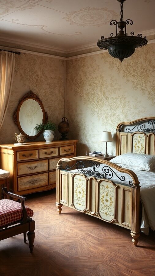 Vintage-style bedroom with wooden bed and dresser