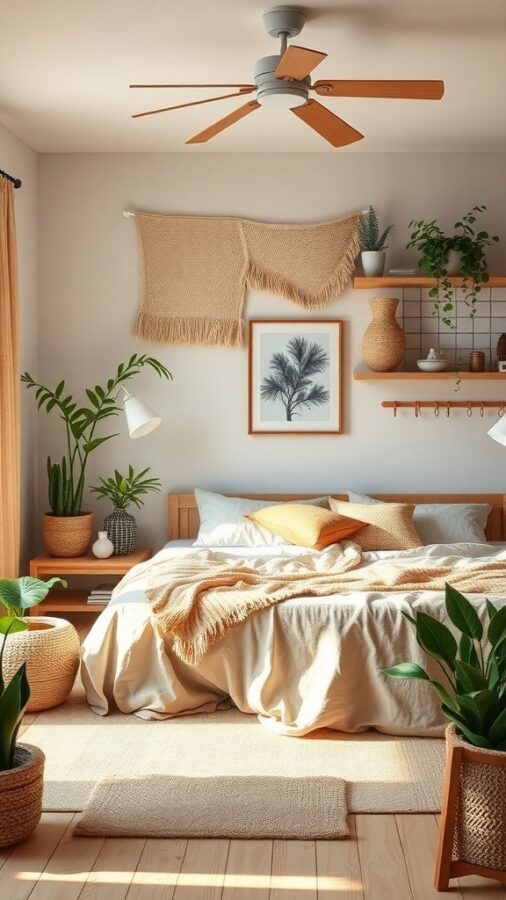 Bedroom with plants, wooden furniture, and natural textures