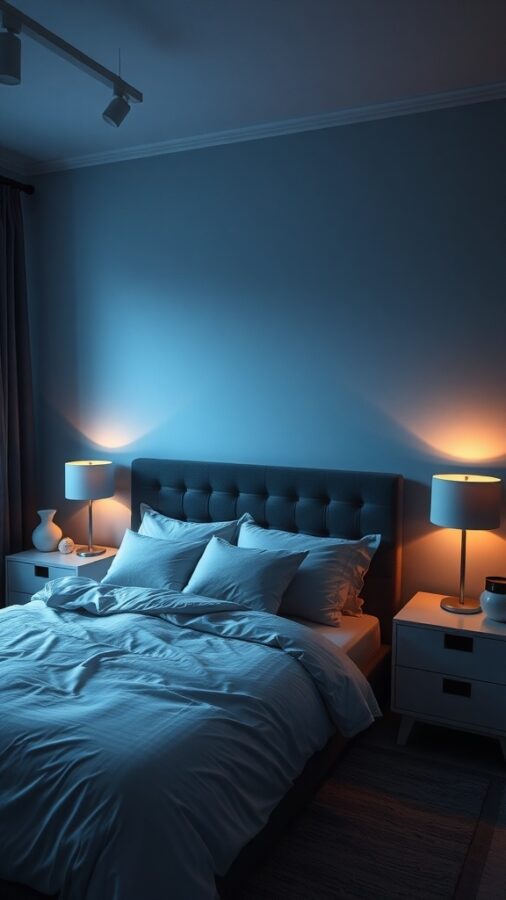 Bedroom with blue walls and warm bedside lighting