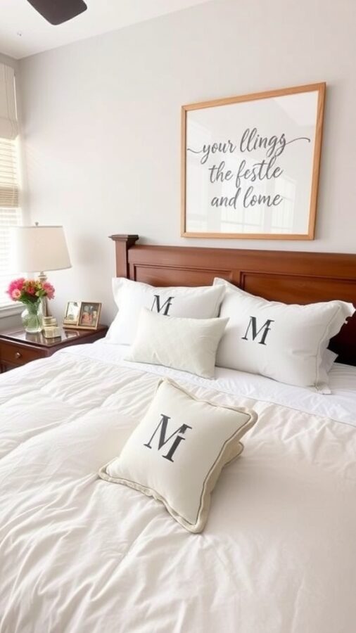Bedroom with monogrammed pillows and warm wall art