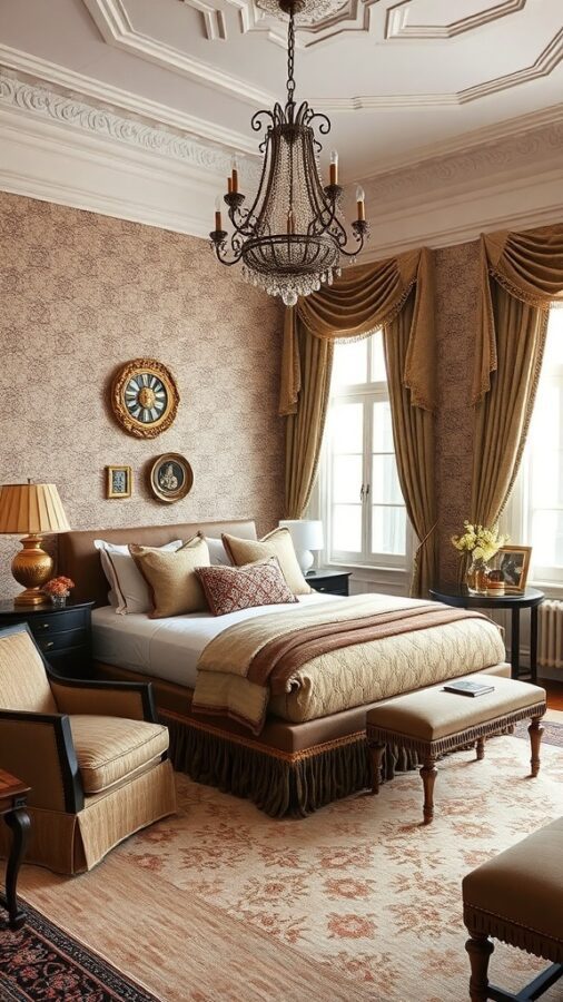 Elegant guest bedroom with chandelier, rich fabrics, and classic decor.