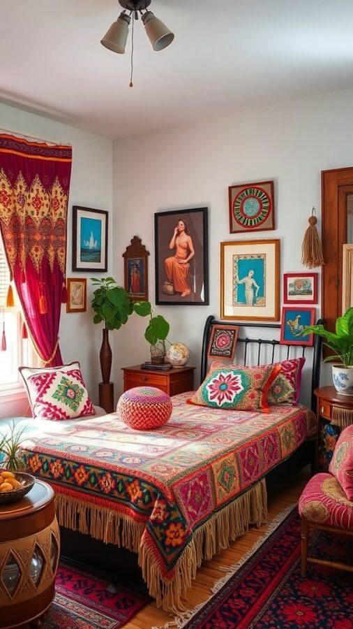 Bohemian guest bedroom with colorful textiles, eclectic artwork, and lush plants.