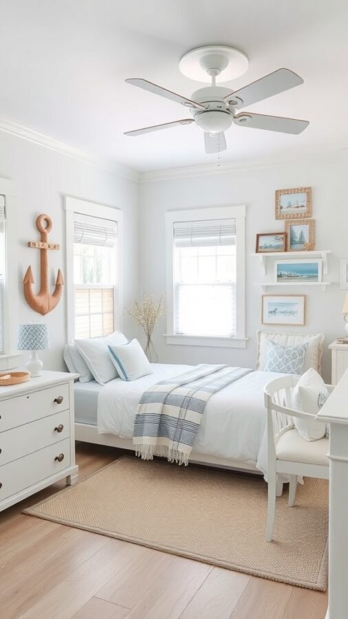 Coastal-themed guest bedroom with white linens, blue accents, and nautical decor.