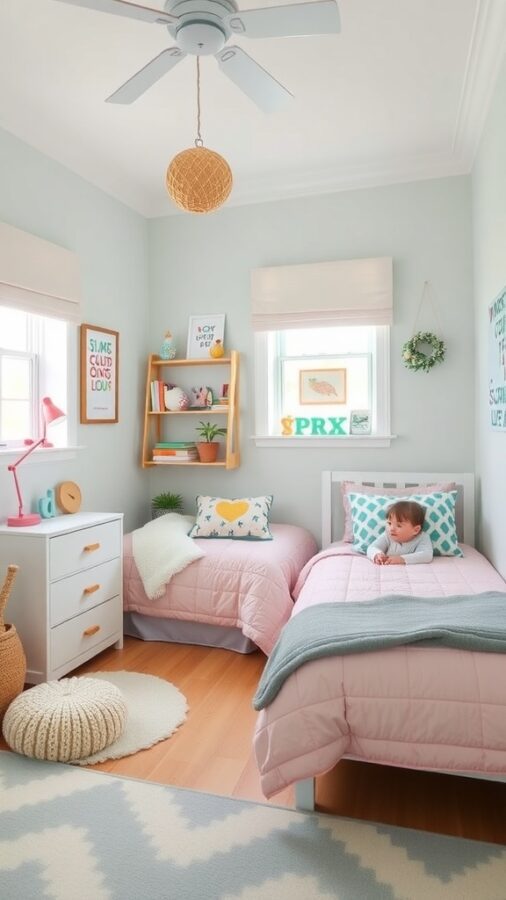 Family-friendly guest bedroom with two beds, playful decor, and warm lighting.