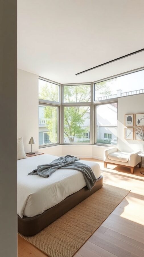 Minimalist guest bedroom with large windows, low-profile bed, and cozy chair.